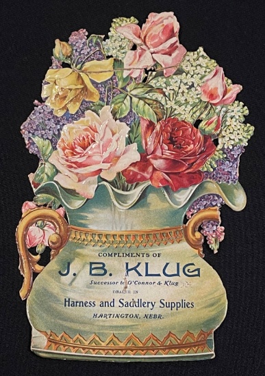 VINTAGE DIE CUT - ADVERTISING PIECE "J.B. KLUG - HARNESS & SADDLERY SUPPLIES- HARTINGTON, NEBRASKA"