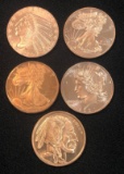 (5) 1 Ounce .999 Copper Rounds - Various Designs