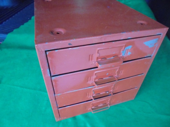 OLD METAL CABINET WITH 4 DRAWERS-FOR SCREWS OR HARDWARER-NICE SMALL SIZE