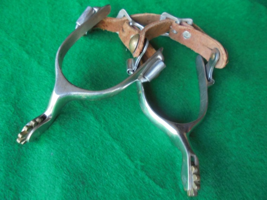 OLD SET OF COWBOY SPURS WITH LETATHER AND BRASS DETAIL
