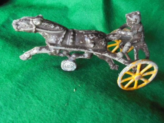 OLD CAST ALUMINUM TOY "SULKY & DRIVER" SOME ORIGINAL PAINT