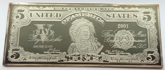 2001 $5 Silver Note -- American National Mint -- One Ounce .999 Fine Silver