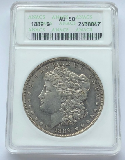 1889 Morgan Silver Dollar - AU50 by ANACS -- Soapbox Holder