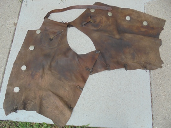 STUNNING OLD LEATHER COWBOY CHAPS WITH BUTTON MARKED "HEISER--DENVER"-THEY LOOK RANCH USED