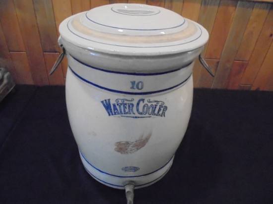 RED WING 10 GALLON WATER COOLER WITH CORRECT LID AND FRONT ADVERTISING "SOUTHWESTERN SEATING CO"