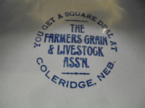OLD ADVERTISING STONEWARE BUTTER CROCK "FARMERS GRAIN & LIVESTOCK ASS'N" COLERIDGE, NEBRAKA