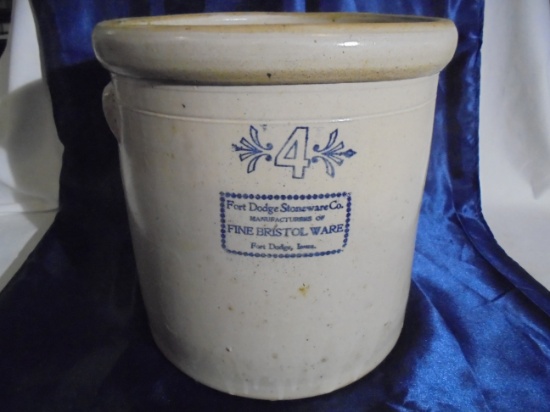 OLD 4 GALLON OPEN CROCK FROM "FT. DODGE STONEWARE CO" FT. DODGE IOWA