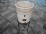 OLD STONEWARE BATTERY WATER JAR WITH LID; FILTER & STAND