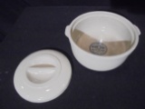 OLD OVENWARE STONEWARE CASSEROLE WITH LID-ADVERTISING FROM BADGER S.D.