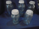 LOT OF 5 OLD BLUE FRUIT JARS-3 ARE 9 1/2 INCHES TALL