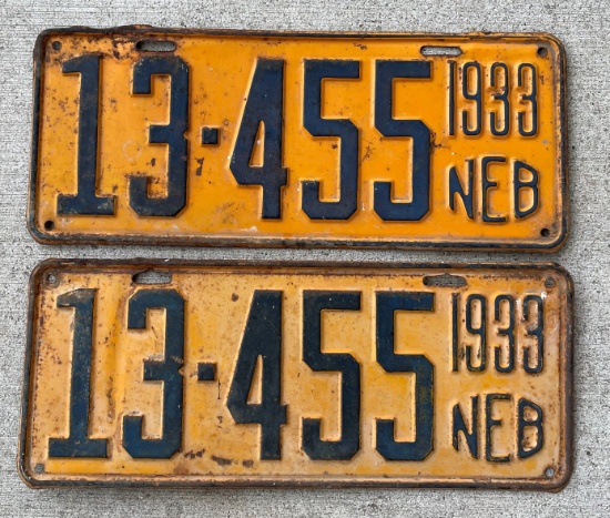 SET OF 1933 - VINTAGE NEBRASKA "CEDAR COUNTY" LICENSE PLATES