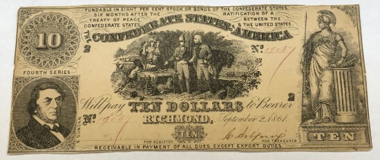 1861 $10 Richmond, Virginia Confederate Currency