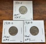 (3) Semi-Key Date Buffalo Nickels -- 1931-S & 1938-D