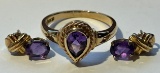 Beautiful 10K Gold Ring With Purple Stone & Matching Earrings