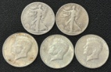 (5) 90% Silver Half Dollars -- Walking Liberty & Kennedy