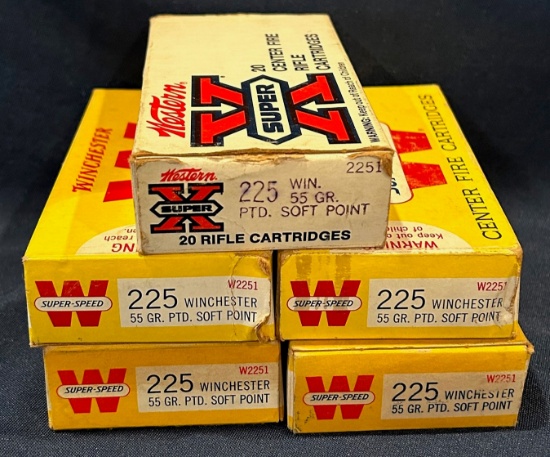 (5) Boxes of .225 Winchester -- 55 Gr. Pointed Soft Point