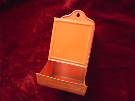 OLD TIN WALL MATCH SAFE IN AN ORANGE COLOR-NICE CONDITION