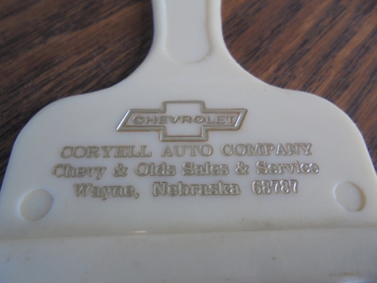 OLD "CHEVROLET" ADVERTISING ICE SCRAPPER "CORYELL AUTO CO" WAYNE NEBRAKSA