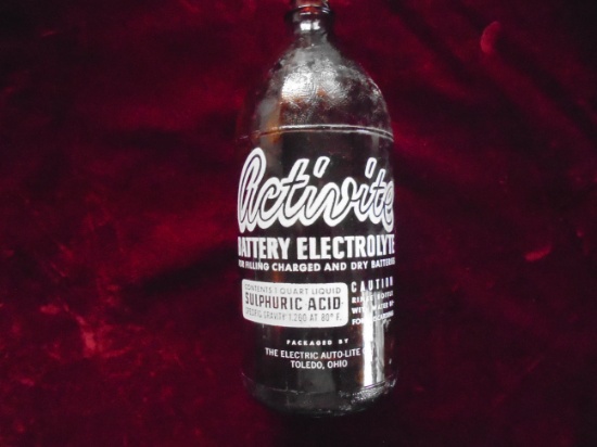 VINTAGE GLASS BOTTLE WITH ADVERTISING FROM "ACTIVITE" BATTERY ELECTROLYTE--EMPTY