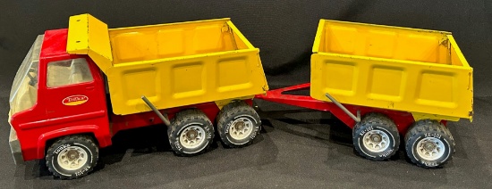 VINTAGE TONKA DUMP TRUCK AND PUP TRAILER - RED & YELLOW