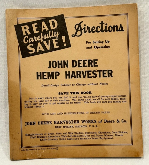 1943 - JOHN DEERE HEMP HARVESTER - OPERATOR'S MANUAL