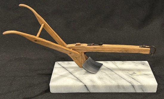 CUSTOM MADE WOODEN HORSE DRAWN PLOW WITH MARBL BASE