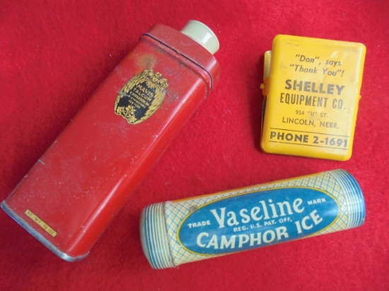 3 OLD ADVERTISING ITEMS 2 TINS AND ONE CLIP FROM SHELLEY EQUIP LINCOLN NEBRASKA
