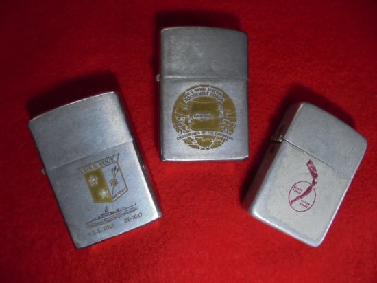 THREE (3) OLD ADVERTISING CIGARETTE LIGHTERS-ONE NAVAL RELATED