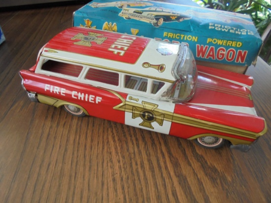 OLD TIN TOY "FIRE CHIEF" AUTOMOBILE WITH FRICTION POWER & ORIGINAL BOX