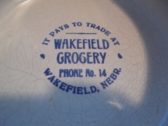 OLD ADVERTISING CROCK "WAKEFIELD GROCERY STORE" WAKEFIELD NEBRASKA