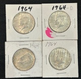 (4) 1964 90% Silver Kennedy Half Dollars