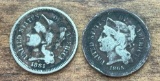1865 & 1881 United States Three Cent Nickels