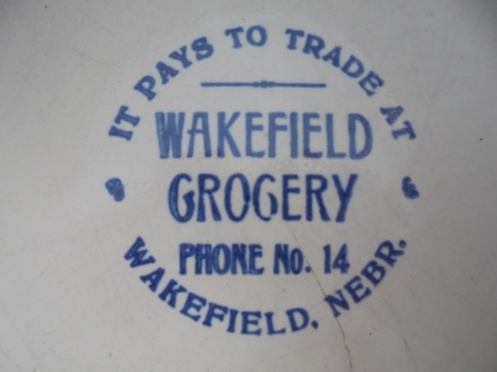 OLD STONEWARE ADVERTISING CROCK "WAKEFIELD GROCERY" WAKEFIELD NEBRASKA