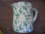 OLD STONEWARE PITCHER WITH GREEN SPONGE DESIGN ON CREAM COLOR