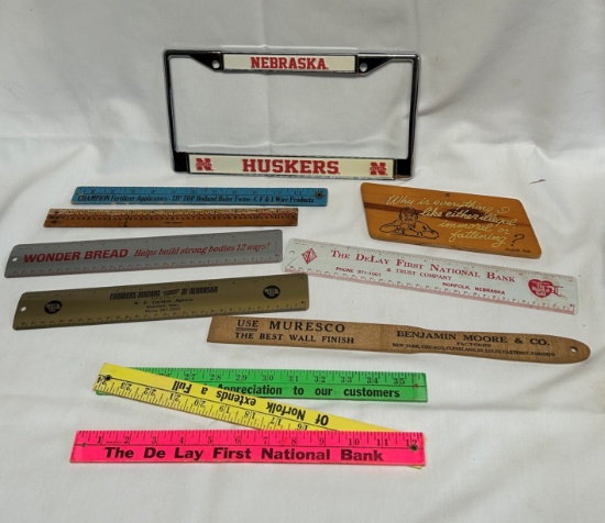Advertising Rulers & Nebraska Huskers License Plate Holder