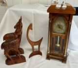 (3) Wood Carved Animals & Mini Grandfather Clock