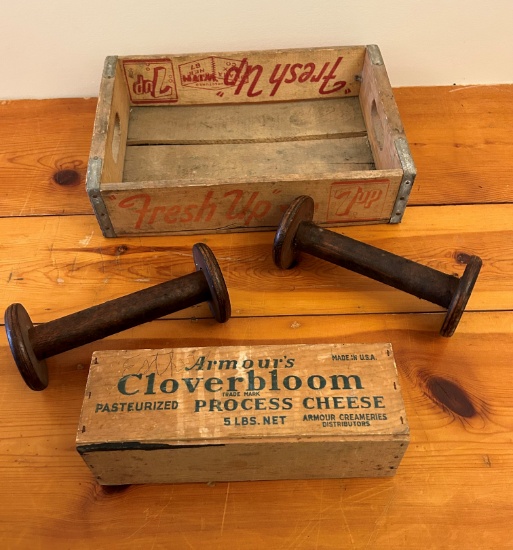 7 UP CRATE - WOODEN SPOOLS - ARMORS CHEESE BOX