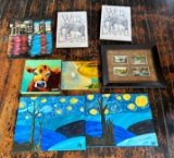 ASSORTED LOT OF CANVAS PICTURES AND FRAMED POST CARDS