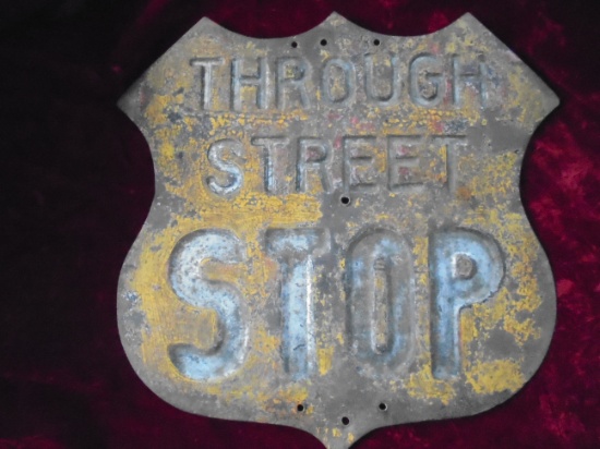 VINTAGE AND SOMEWHAT RARE "SHIELD" STOP SIGN-EMBOSSED