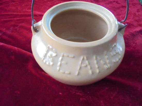 OLD STONEWARE BEAN POT WITH ADVERTISING FROM "SCOTCH GROVE IOWA" ON INSIDE