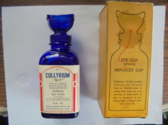 OLD BLUE BOTTLE EYE WASH WITH "EYE CUP" LID