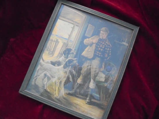 OLD "HUNTING PRINT WITH 2 DOGS"--11 BY 13 INCH FRAME