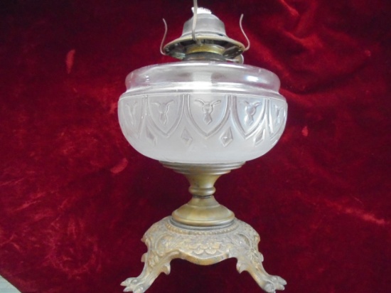 ANTIQUE KEROSENE LAMP WITH CAST IRON FANCY BASE