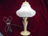 OLD CAST METAL SIDE LAMP WITH MATCHING GLASS SHADE-FLORAL DESIGN