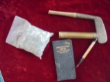 MIXED LOT GROUP; GOLF PUTTER HEAD; BRASS TUBE; BAG OF STOVE SCREWS & NUTS; SMALL POCKET NOTE BOOK