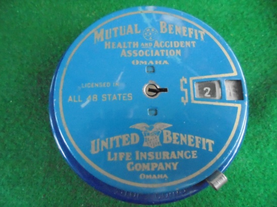 RARE RECORDING COIN BANK WITH ADVERTISING FROM 'UNITED BENIFIT LIFE' OMAHA NEBRASKA