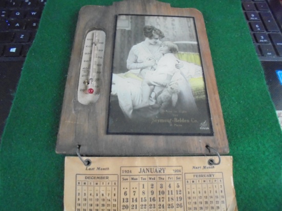1924 REAL PHOTO ADVERTISING CALENDAR WITH THERMOMETER