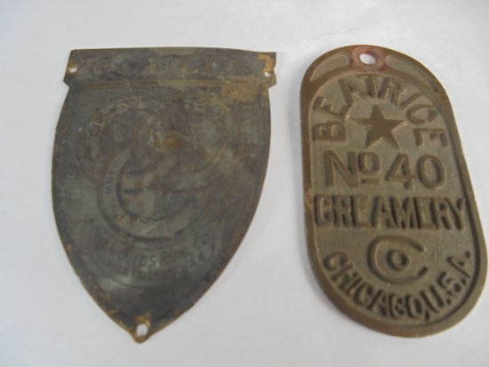 TWO OLD BRASS TAGS-BEATRICE CREAMERY & GOULDS