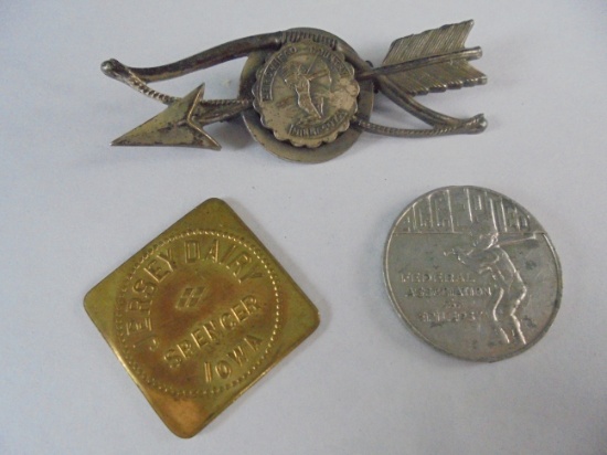 (2) OLD TOKENS AND A SOUVENIR PIN BACK