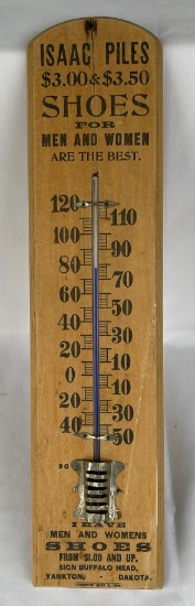 GREAT VINTAGE "ISAAC PILES SHOES - YANKTON, SO. DAKOTA" WOODEN ADVERTISING THERMOMETER